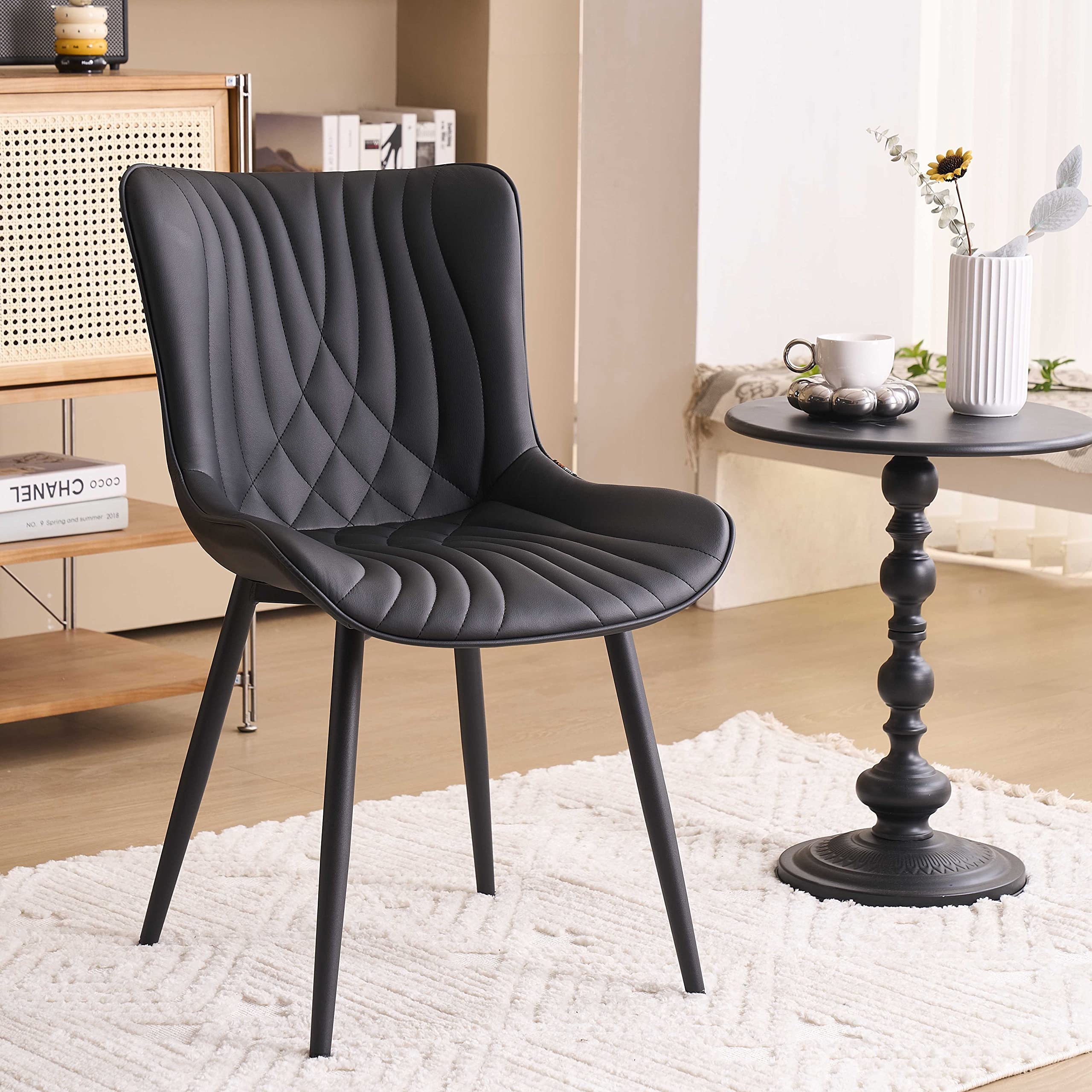 YOUTASTE Cream Dining Chairs Set of 2, Mid Century Modern Comfy Kitchen Chair, Upholstered Faux Leather, Cream Metal Legs, Armless Accent Chairs for Bedroom Vanity Lounge