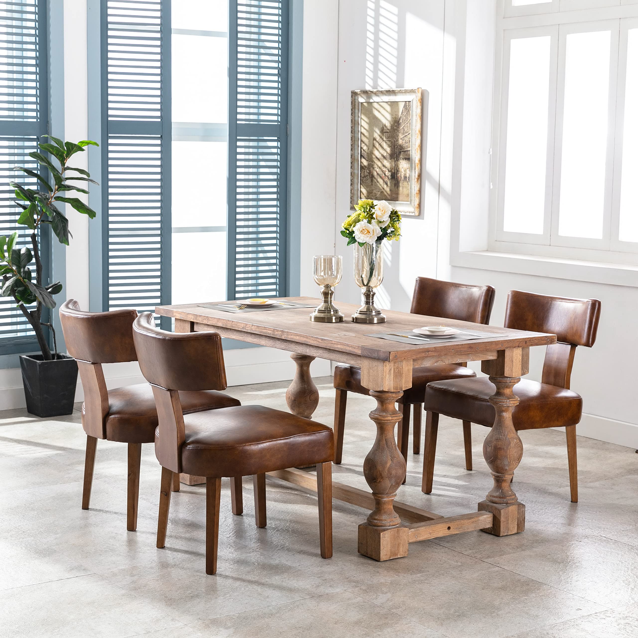 RIVOVA Rattan Dining Chairs Set of 4, Mid Century Modern Dining Chair Upholstered Linen Fabric Kitchen Side Chair, Modern Kitchen Armless Solid Wood Dining Chairs, Beige