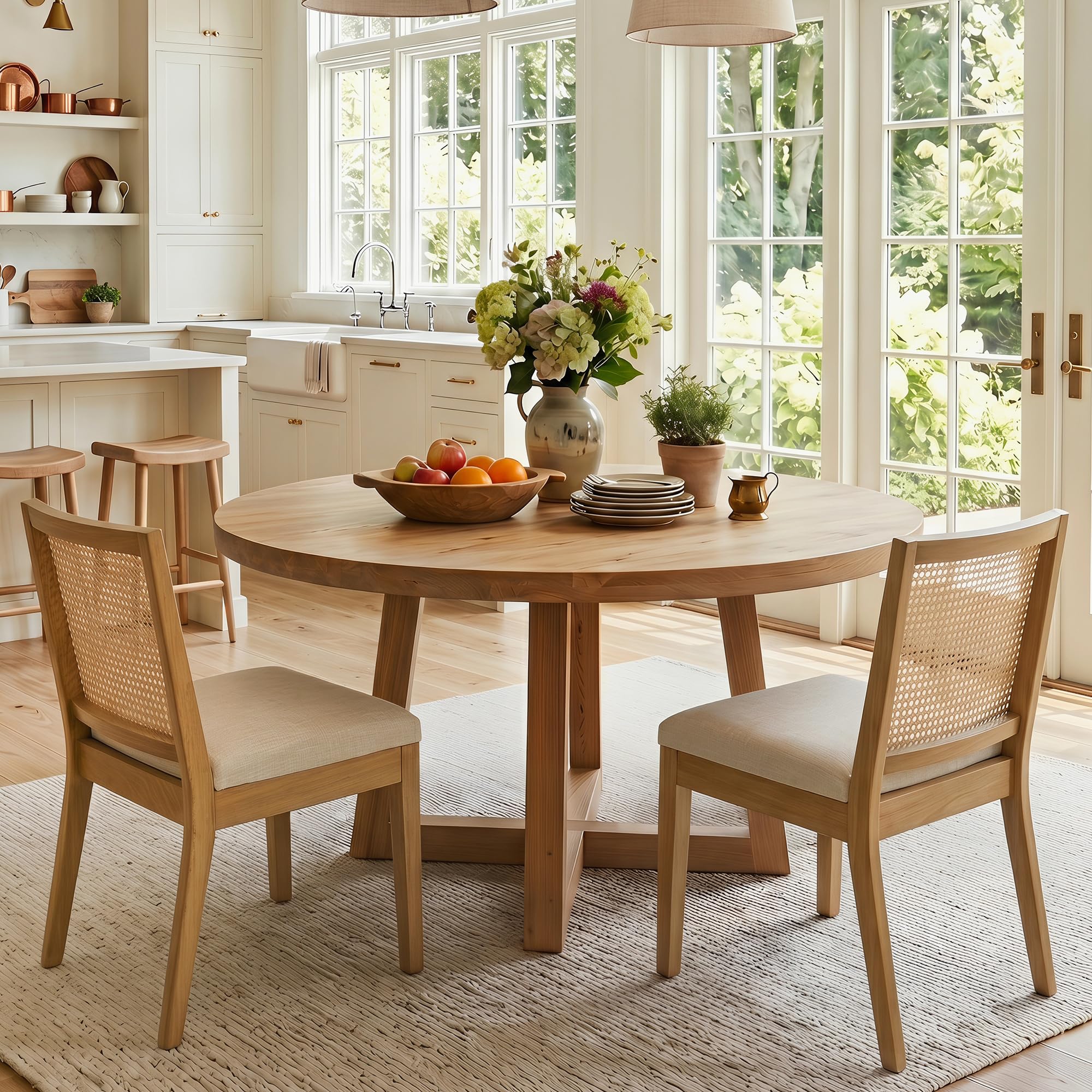 HNY Farmhouse Rattan Dining Chairs Set of 4, Natural Solid Hardwood Frame, Upholstered Linen Seat, Ergonomic Cane Back Dining Room Chairs for Kitchen, Dining Room, Apartment, Beige