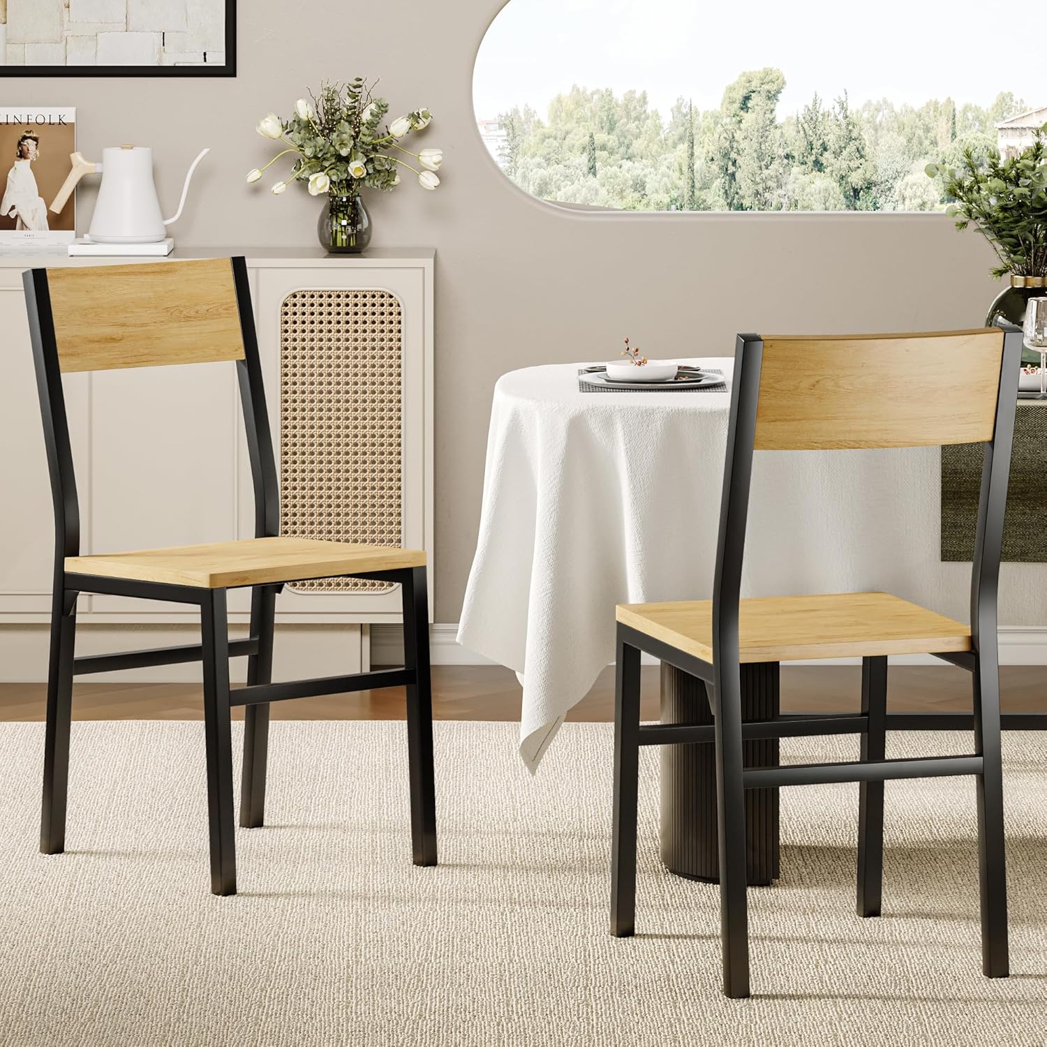 Feonase Dining Chairs and Benches Set of 4, Modern Dining Room Chairs with Ergonomic Backrest, Wood Structure & Metal Legs, for Kitchen, Dining Room, Space-Saving, Easy to Assemble & Clean, Natural