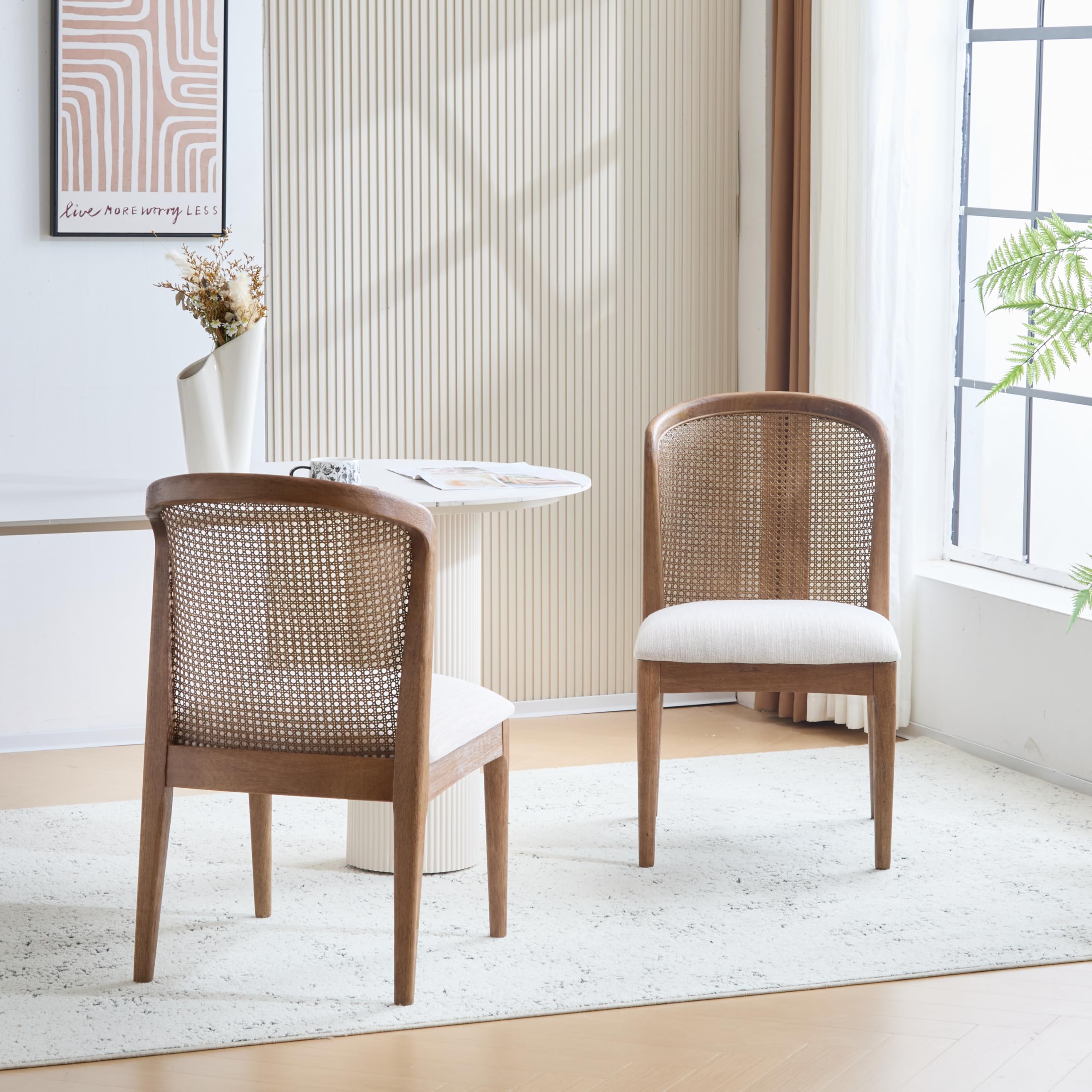 Beige Upholstered Dining Chairs 2 Pack, Rubberwood & Cane Design
