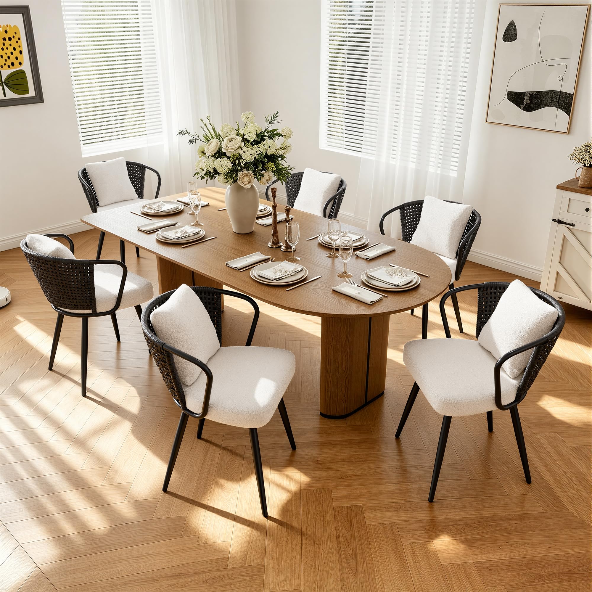 Rattan Dining Chairs Set of 4, Modern Upholstered Kitchen Chair with Metal Legs, Ergonomic Curved Backrest, Mid Century Living Room Chairs with Throw Pillow, Natural
