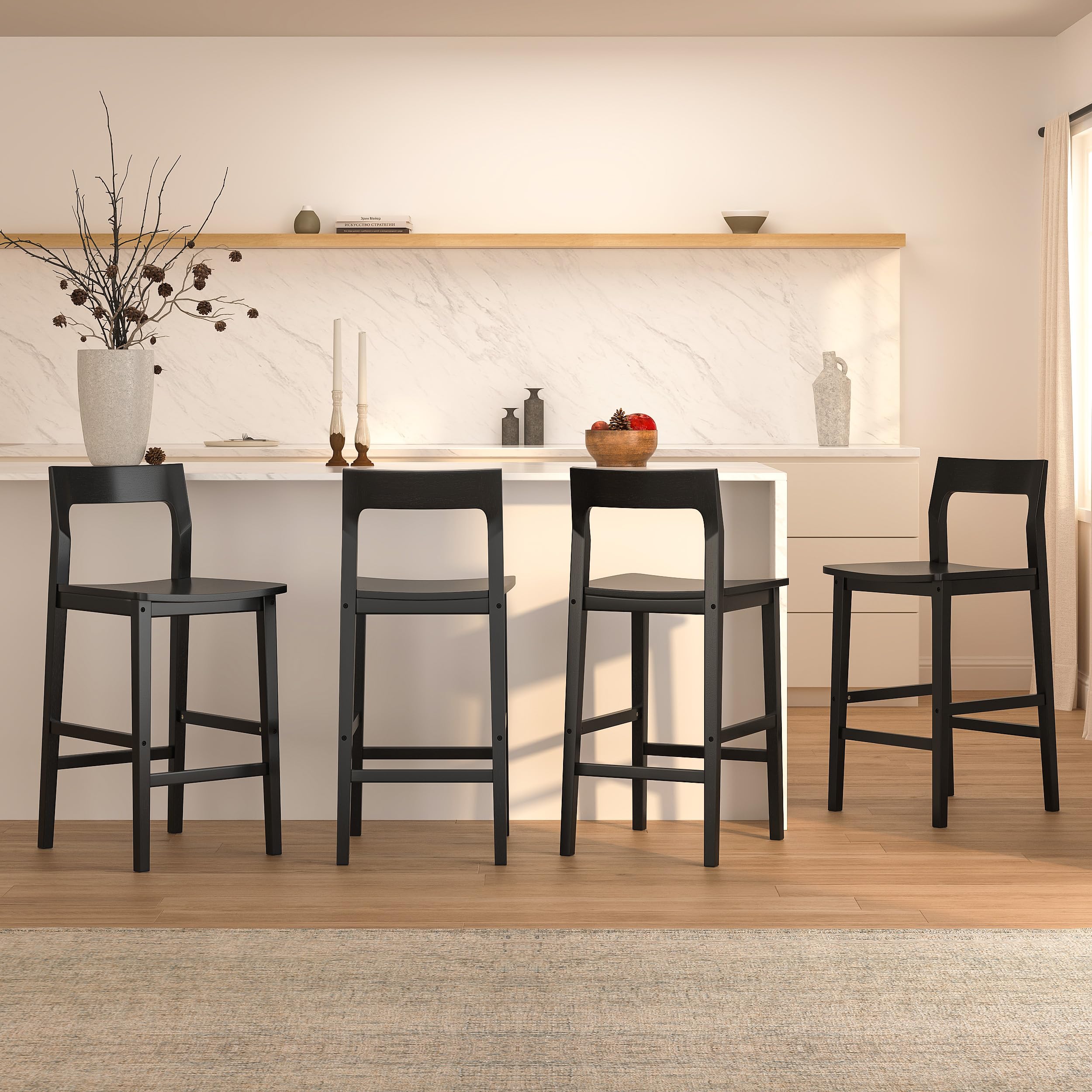 EYYTHUNG Counter Height Stools Set of 3, Farmhouse 25” Bar Stools with Solid Wood Legs & Back, Mid Century Modern Barstools Chairs for Kitchen Island, Dining Room, Cafe, Pub, Dark Oak