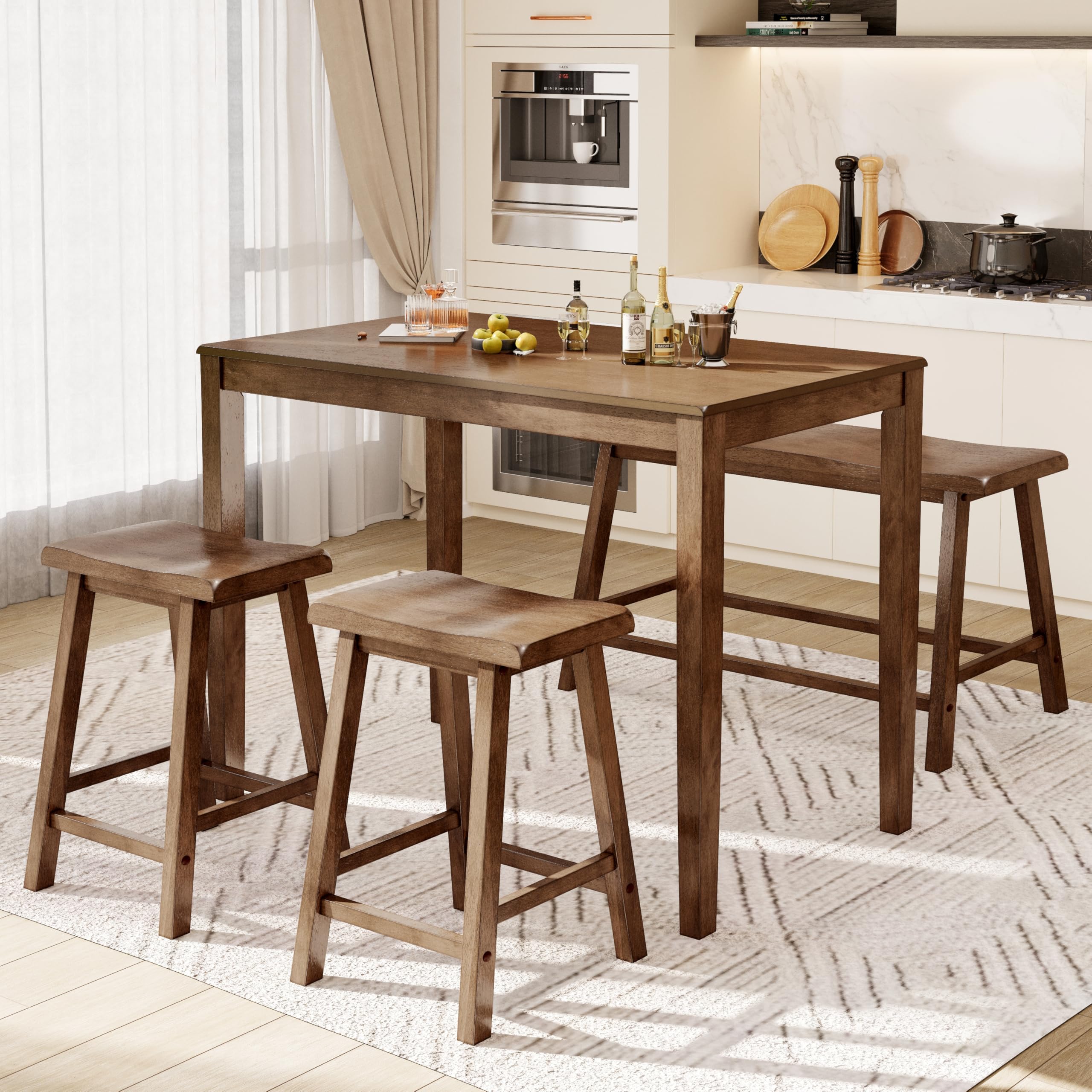 PHI VILLA Farmhouse Dining Table Set for 4 Small Space, Counter Height Table and Chairs with Bench, Rustic Solid Wood High Top Kitchen Table Set for Dining Room and Kitchen, Rustic Caramel Brown