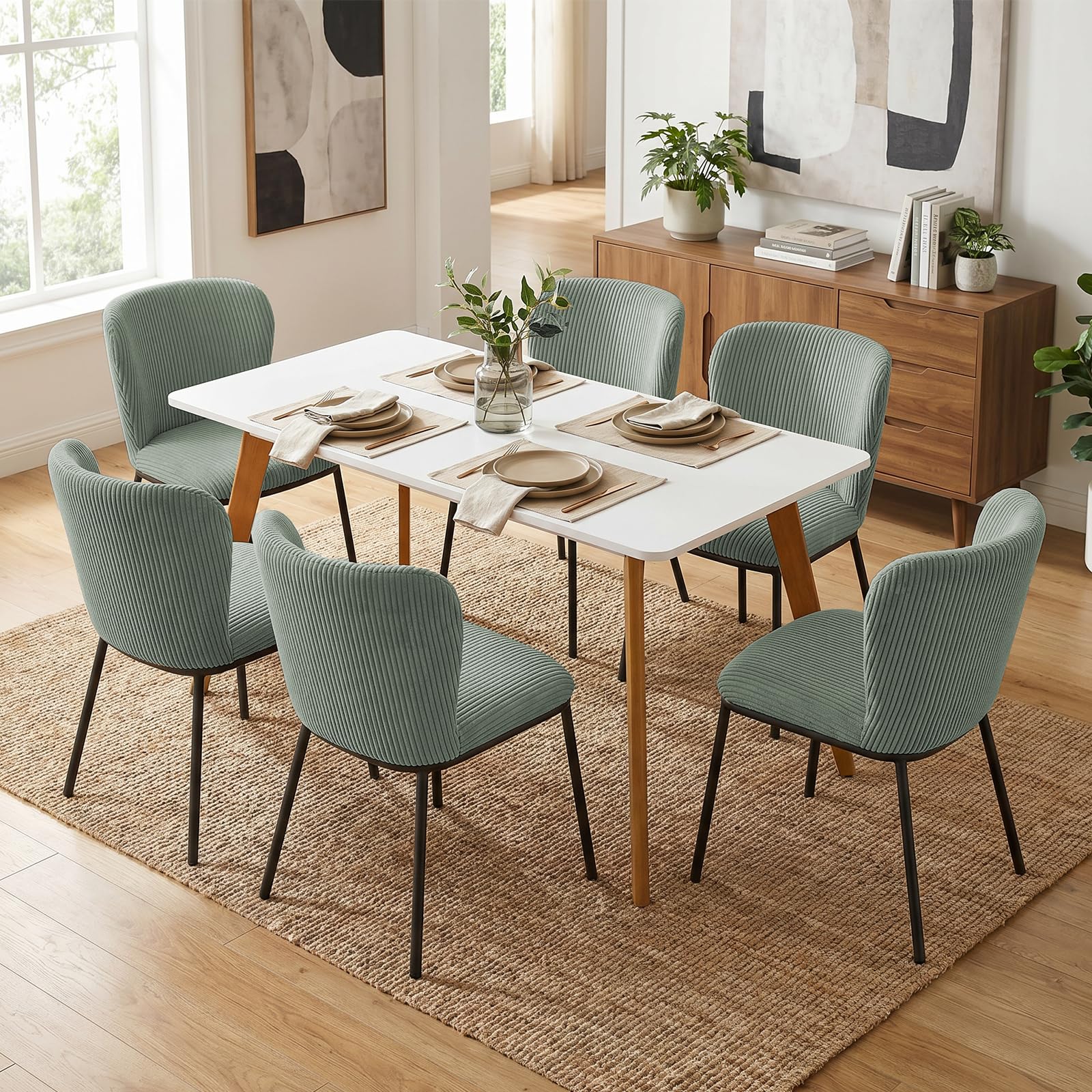 SIMTONAL Dining Chairs Set of 6, Dining Chair, Thickened Cushion, Corduroy Fabric, Easy to Clean & Assemble, for Dining Room/Living Room/Office, Green