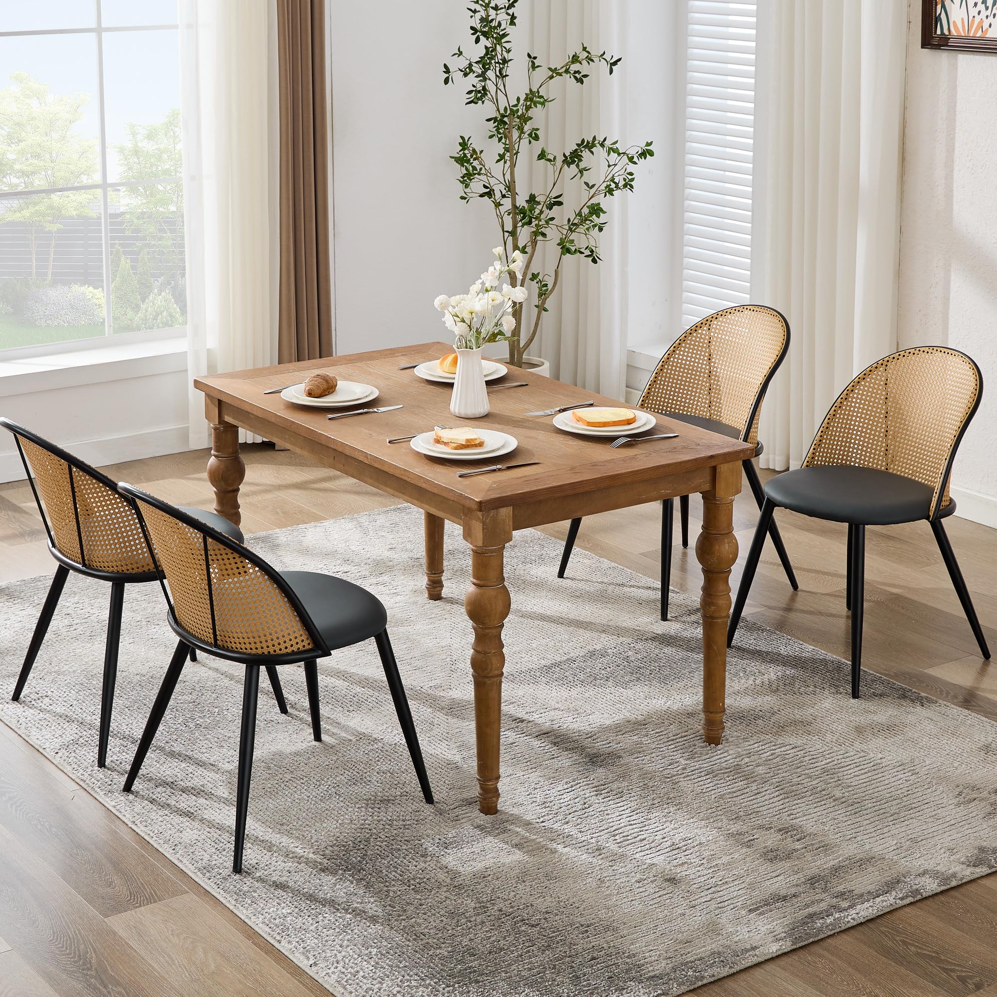 TYBOATLE Rattan Dinner Chairs Set of 4 with Faux Leather Cushion, Modern Dining Room Chairs w/Adjustable Foot Pads, Kitchen Boho Chairs Mid Century Upholstered, White