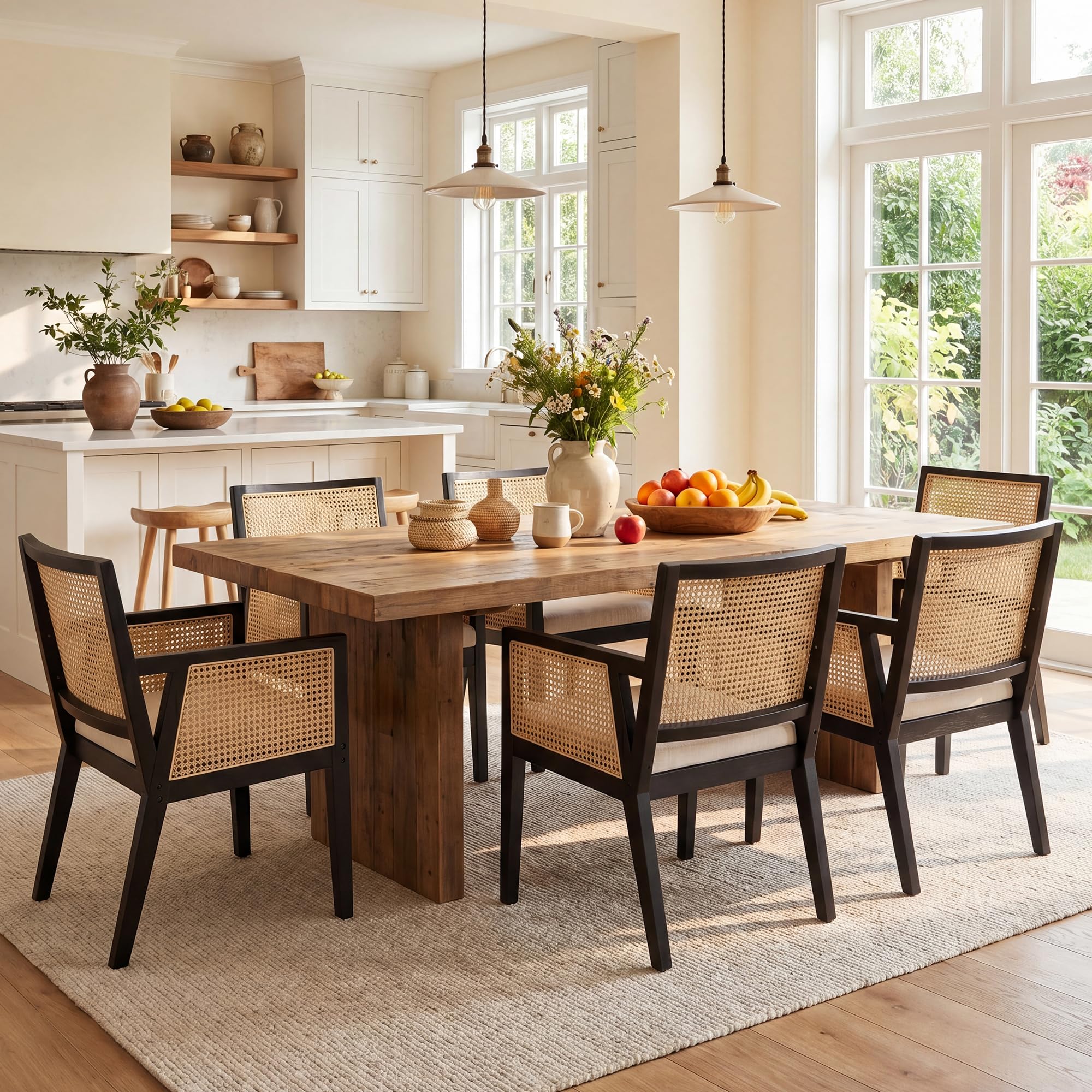 HNY Farmhouse Rattan Dining Chairs Set of 4, Natural Solid Hardwood Frame, Upholstered Linen Seat, Ergonomic Cane Back Dining Room Chairs for Kitchen, Dining Room, Apartment, Beige