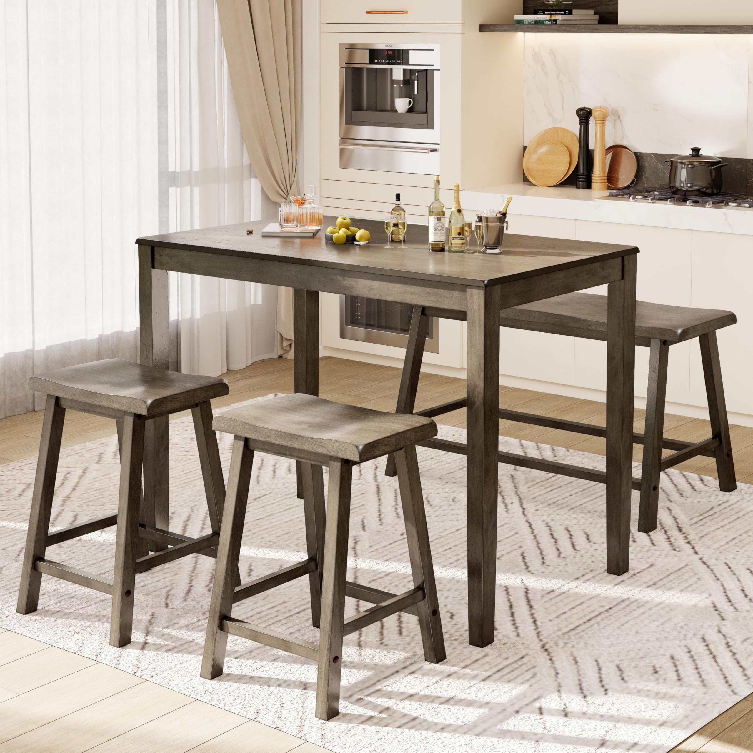 PHI VILLA Farmhouse Dining Table Set for 4 Small Space, Counter Height Table and Chairs with Bench, Rustic Solid Wood High Top Kitchen Table Set for Dining Room and Kitchen, Rustic Caramel Brown