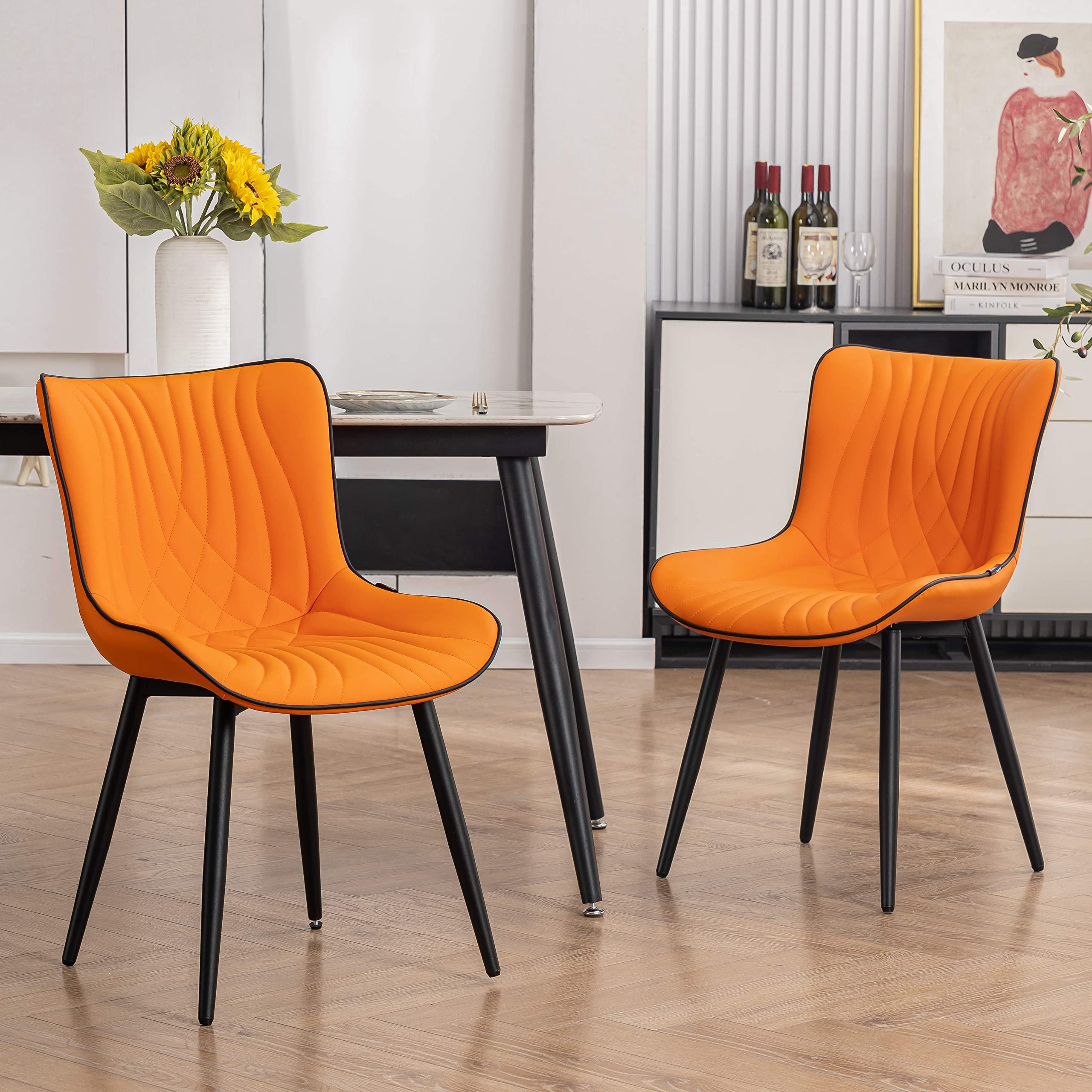 YOUTASTE Cream Dining Chairs Set of 2, Mid Century Modern Comfy Kitchen Chair, Upholstered Faux Leather, Cream Metal Legs, Armless Accent Chairs for Bedroom Vanity Lounge