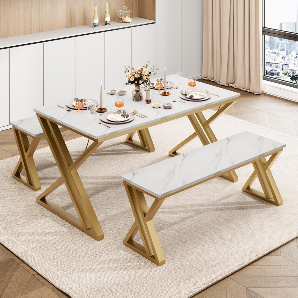 GarveeHome Kitchen Table with 2 Benches, Dining Table Set for 4, Saving Space Dining Room Table Set for Kitchen, Dining Room, Apartment, Sturdy Metal Frame, Vintage Brown