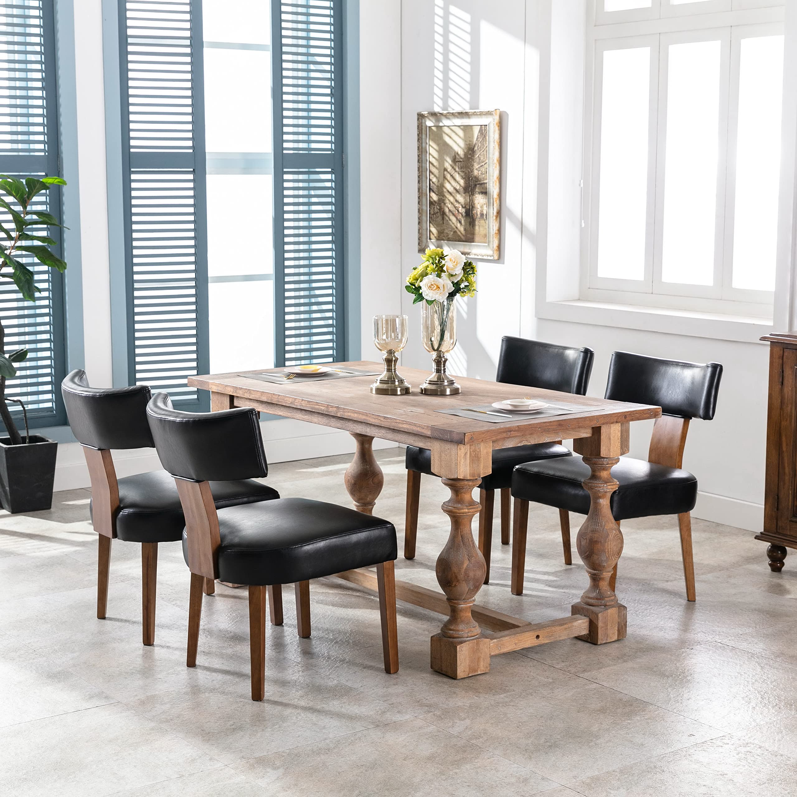 RIVOVA Rattan Dining Chairs Set of 4, Mid Century Modern Dining Chair Upholstered Linen Fabric Kitchen Side Chair, Modern Kitchen Armless Solid Wood Dining Chairs, Beige