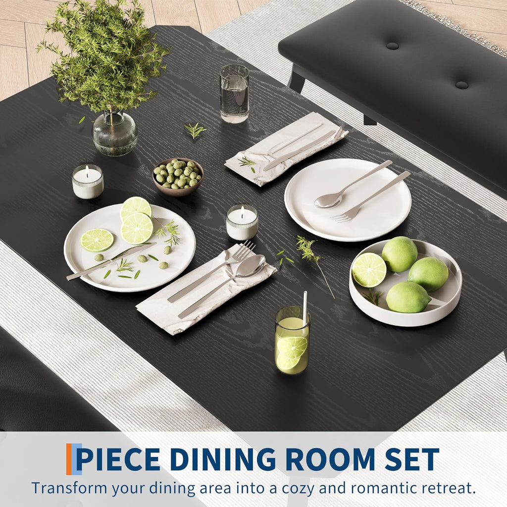 Garvee Dining Table for 4, 3-Piece Kitchen Table Set with Wooden Tabletop and Metal Frame, Industrial Retro Kitchen Table with 2 PU Leather Benches for Bar, Dining Room, Restaurant-Black