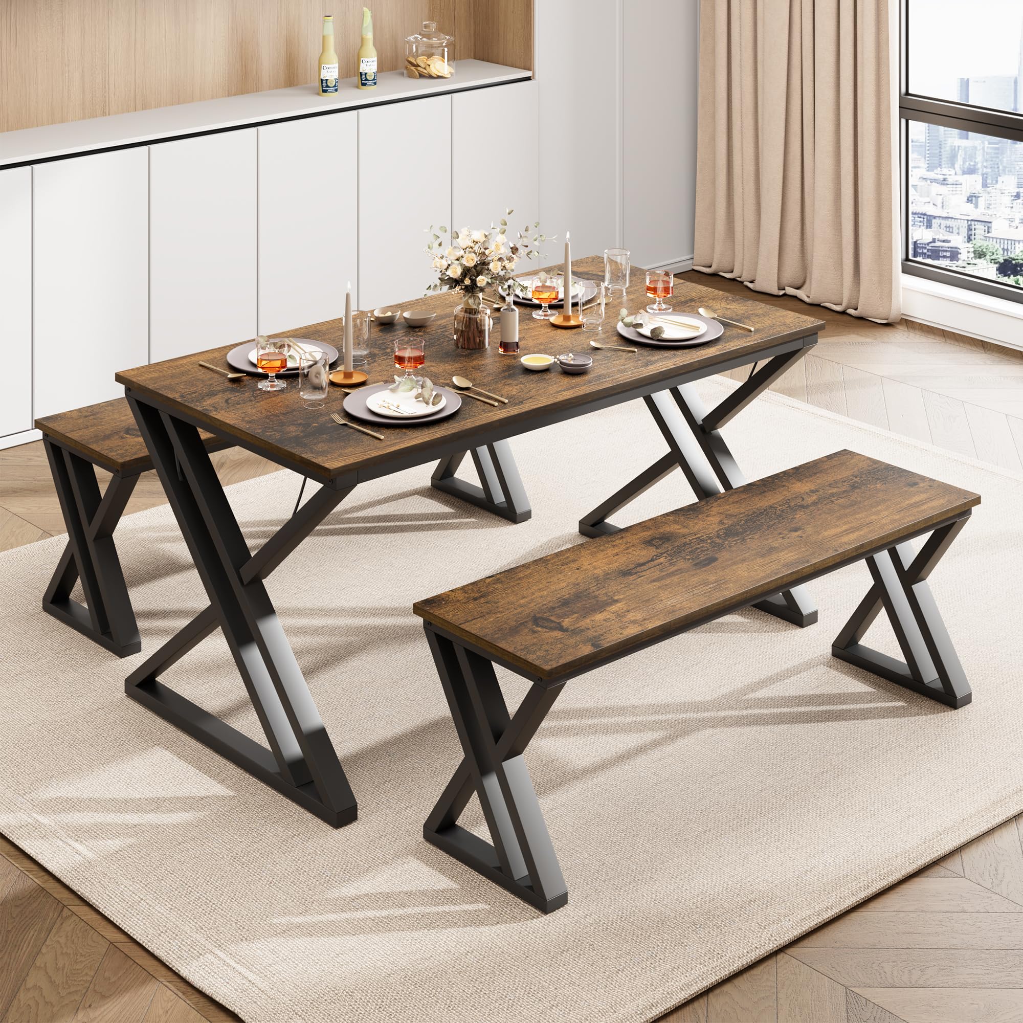 GarveeHome Kitchen Table with 2 Benches, Dining Table Set for 4, Saving Space Dining Room Table Set for Kitchen, Dining Room, Apartment, Sturdy Metal Frame, Vintage Brown