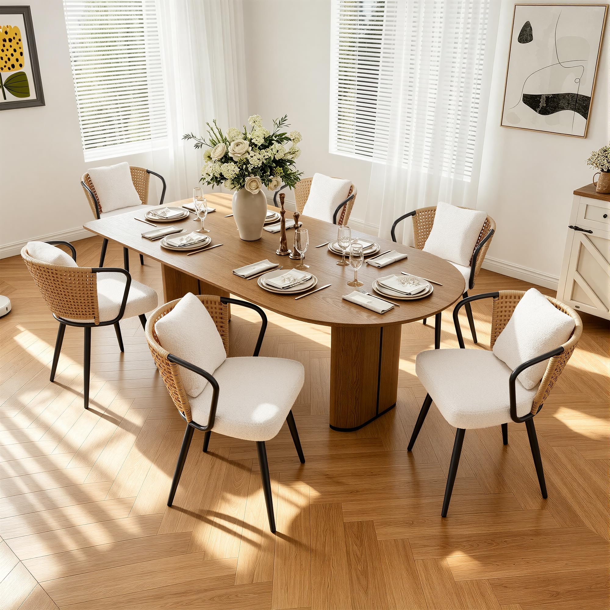 Rattan Dining Chairs Set of 4, Modern Upholstered Kitchen Chair with Metal Legs, Ergonomic Curved Backrest, Mid Century Living Room Chairs with Throw Pillow, Natural