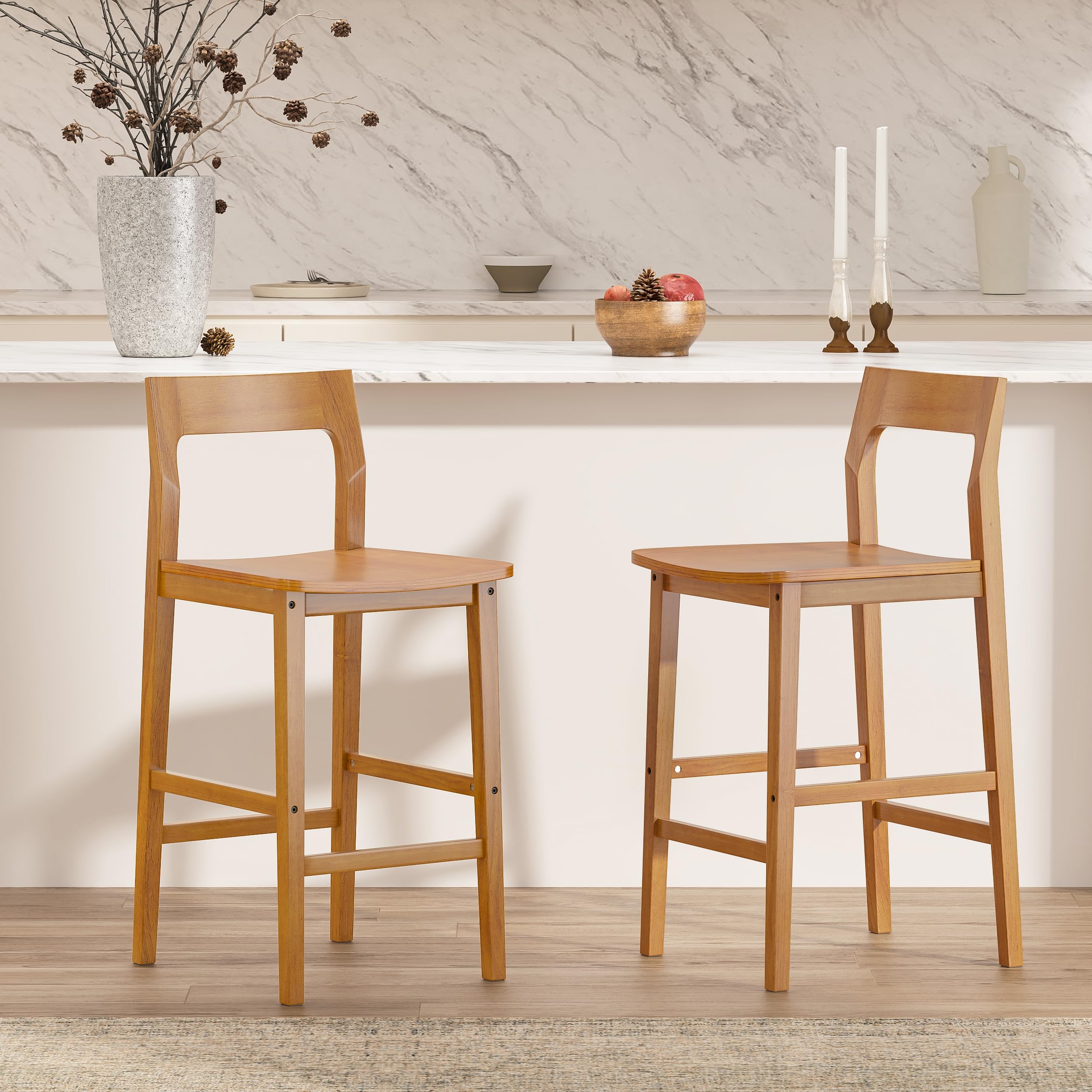EYYTHUNG Counter Height Stools Set of 3, Farmhouse 25” Bar Stools with Solid Wood Legs & Back, Mid Century Modern Barstools Chairs for Kitchen Island, Dining Room, Cafe, Pub, Dark Oak