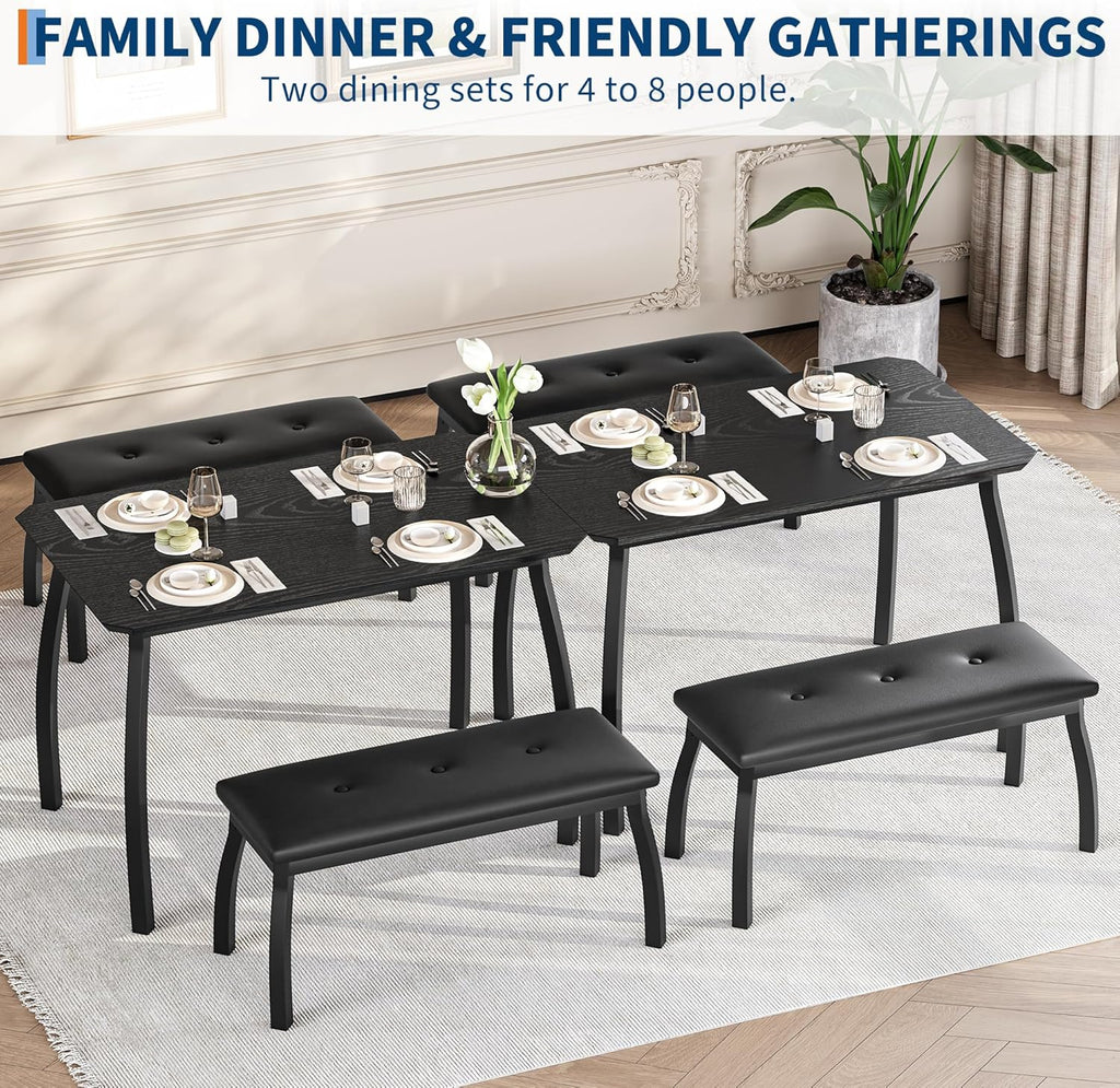 Garvee Dining Table for 4, 3-Piece Kitchen Table Set with Wooden Tabletop and Metal Frame, Industrial Retro Kitchen Table with 2 PU Leather Benches for Bar, Dining Room, Restaurant-Black