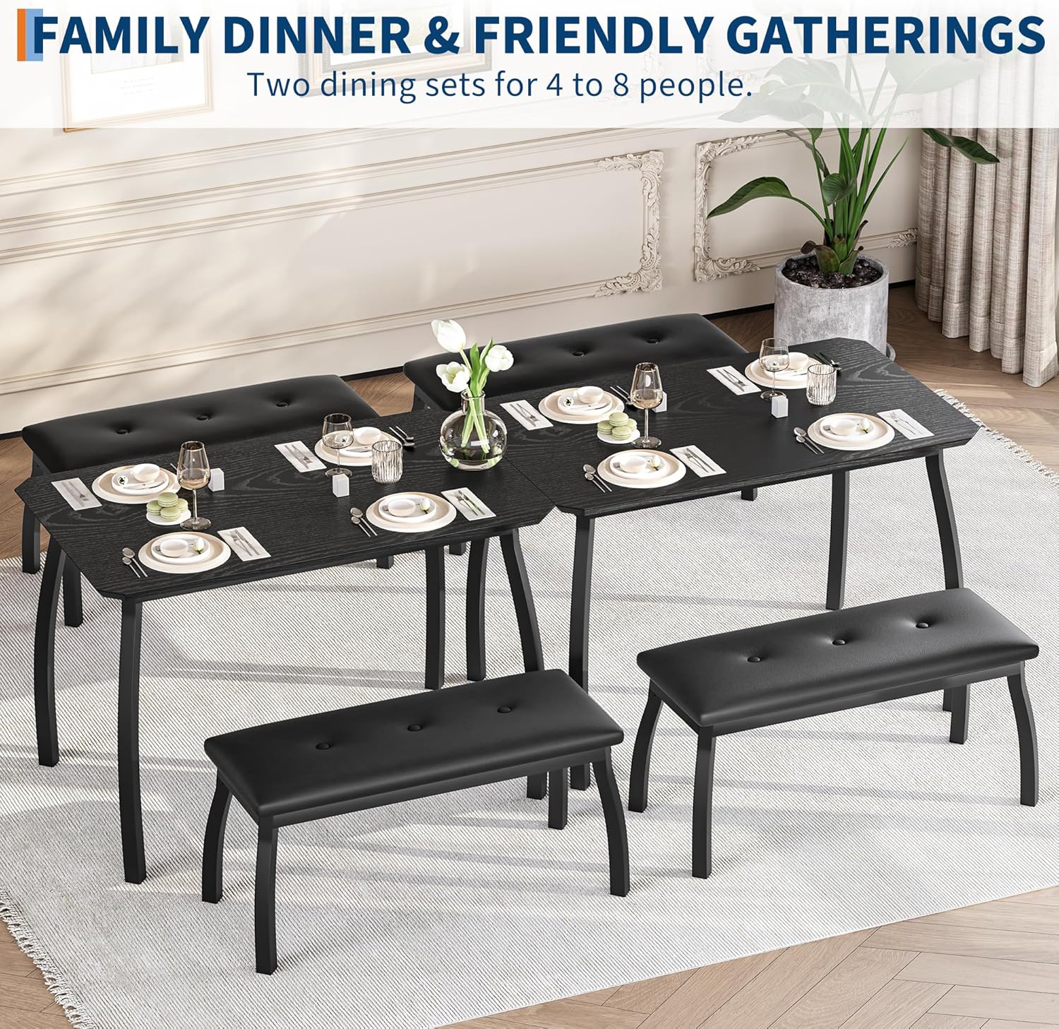 Garvee Dining Table for 4, 3-Piece Kitchen Table Set with Wooden Tabletop and Metal Frame, Industrial Retro Kitchen Table with 2 PU Leather Benches for Bar, Dining Room, Restaurant-Black