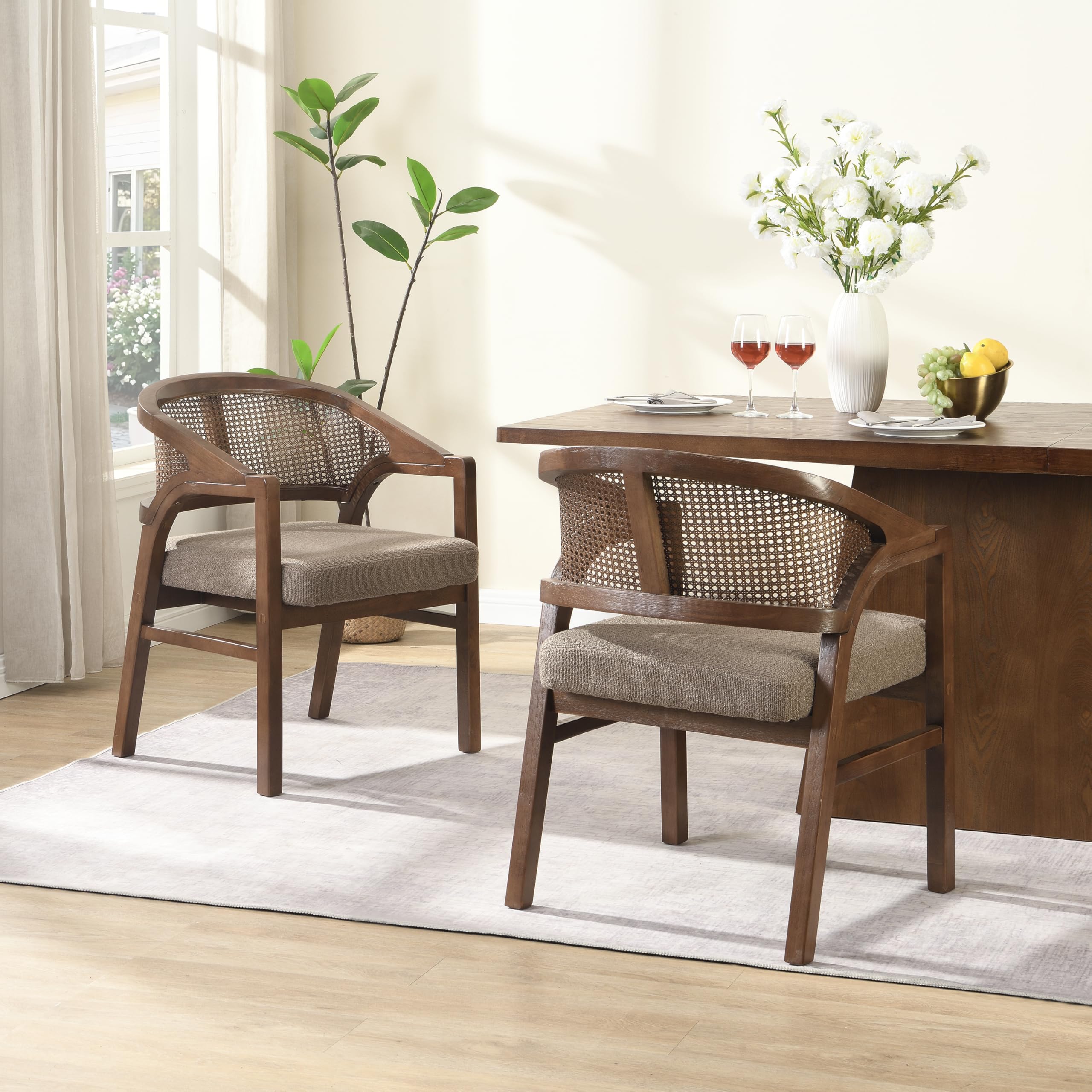 Christopher Knight Home Faritel Modern Wooden Dining Chairs Set of 2, Fabric Upholstered Kitchen Side Armchairs, Living Room Comfy Reading Chair with Curved Rattan Back, Walnut+Beige
