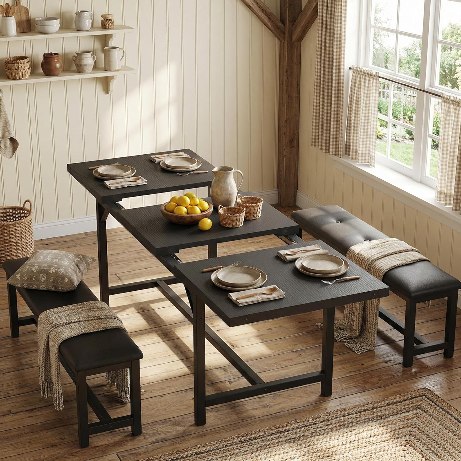 5PC Extendable Dining Set, Table & 2 Benches, Retro Black