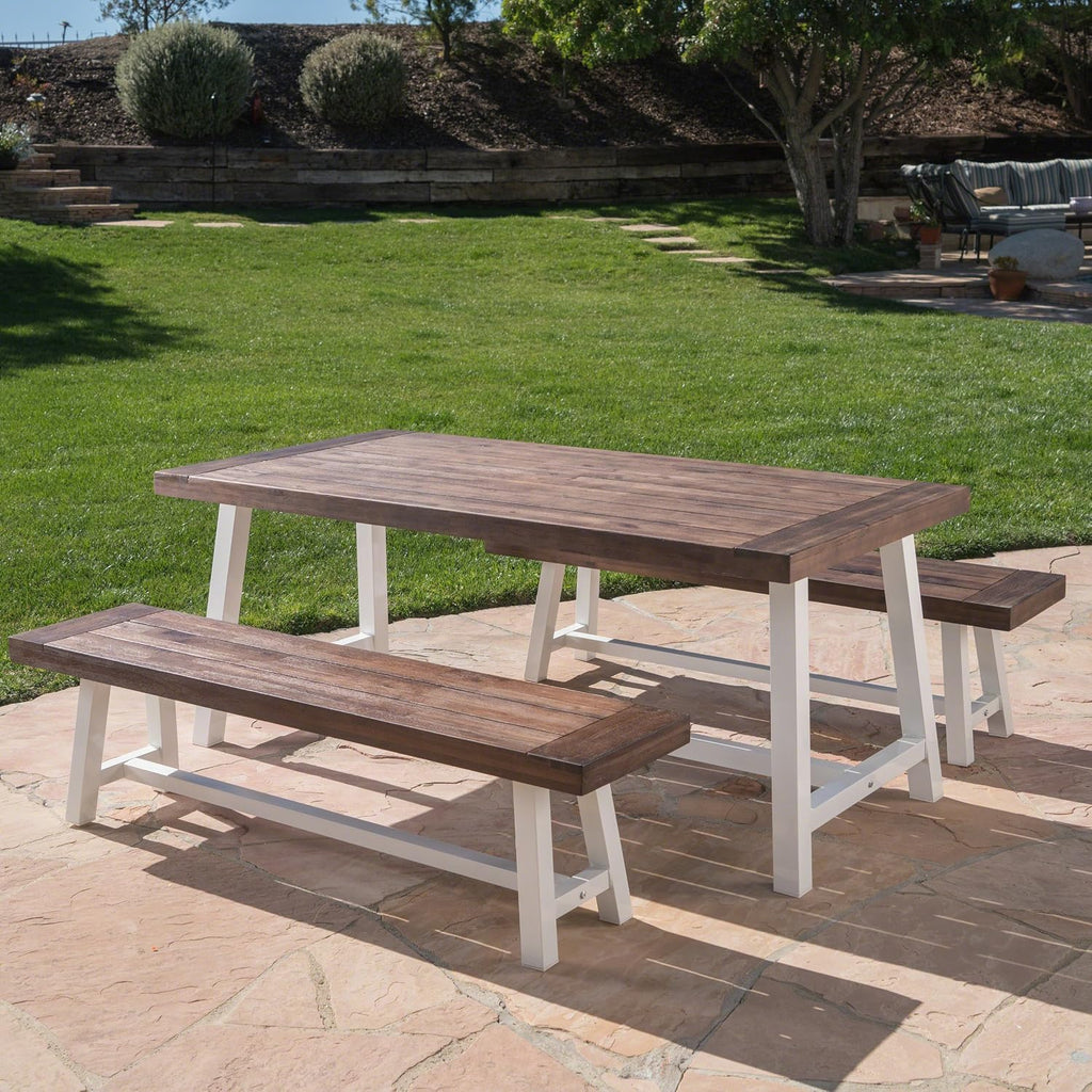 GDFStudio Cassie Outdoor Modern Industrial 3 Piece Acacia Wood Picnic Dining Set with Benches, Sandblasted Dark Brown and White Rustic Metal