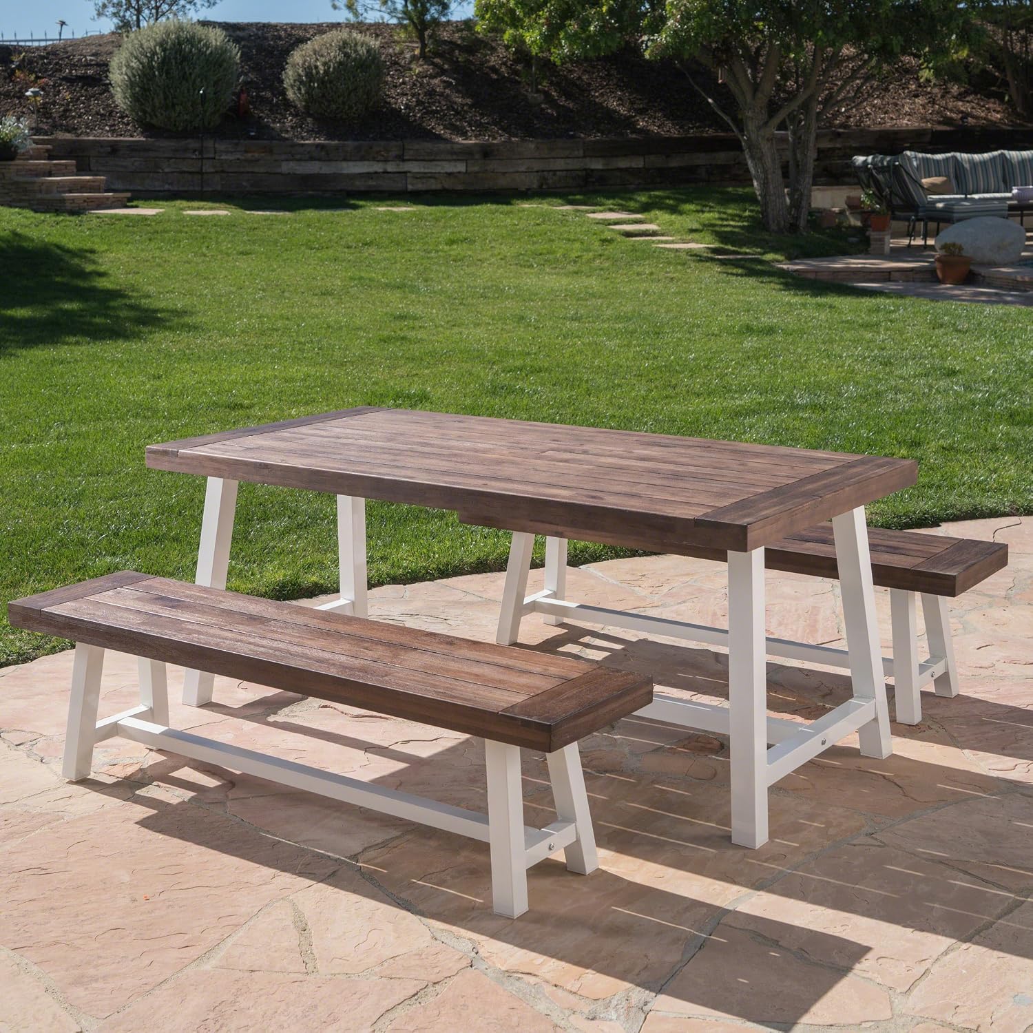 GDFStudio Cassie Outdoor Modern Industrial 3 Piece Acacia Wood Picnic Dining Set with Benches, Sandblasted Dark Brown and White Rustic Metal