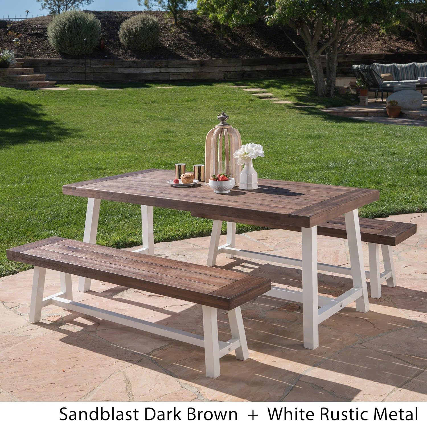 GDFStudio Cassie Outdoor Modern Industrial 3 Piece Acacia Wood Picnic Dining Set with Benches, Sandblasted Dark Brown and White Rustic Metal