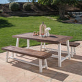 GDFStudio Cassie Outdoor Modern Industrial 3 Piece Acacia Wood Picnic Dining Set with Benches, Sandblasted Dark Brown and White Rustic Metal